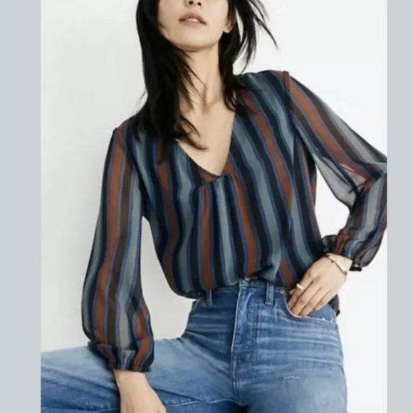 Madewell Tops - Madewell Sheer-Sleeve Top Academy Stripe Size L